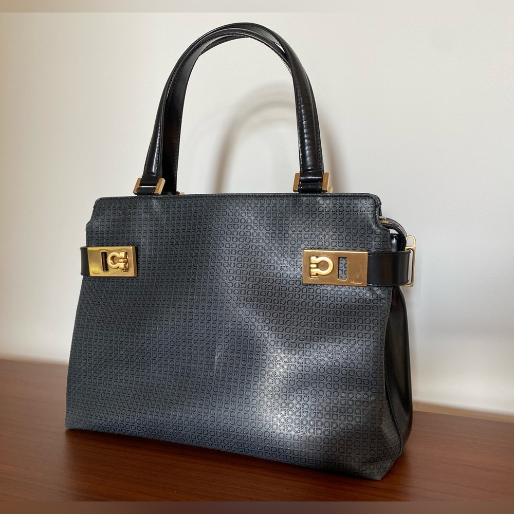 Ferragamo Black leather gancini embossed two way bag with gold tone hardware